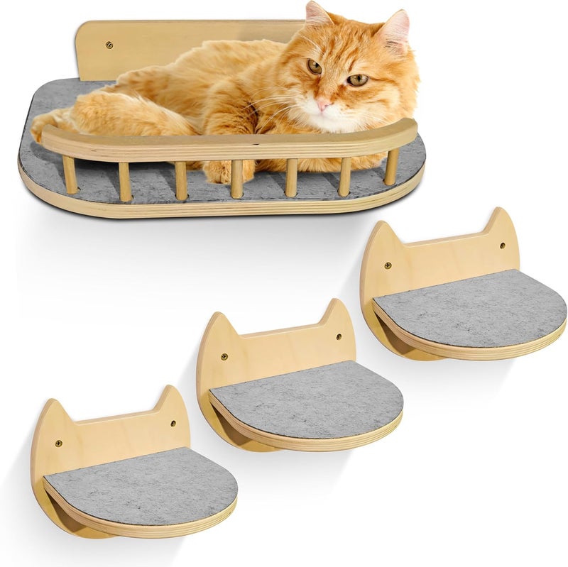 BUOGA Cat Wall Shelves with 3 Steps – Modern Wood Wall Mounted Furniture, Climber & Perch Shelf for Cats up to 30lbs – Sturdy Floating Bed for Large Cats - Image 1